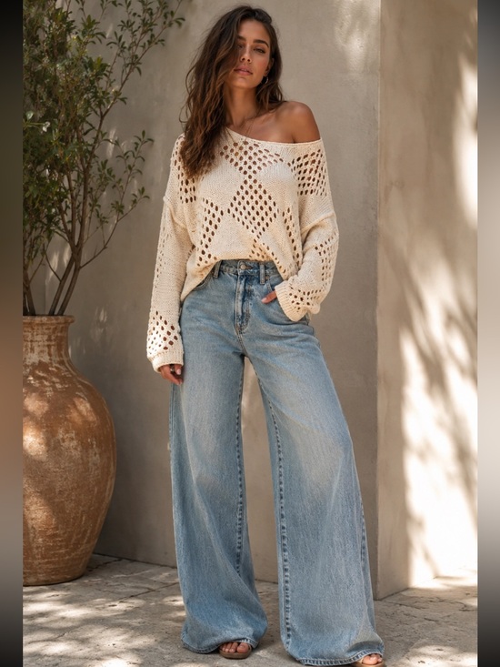 ShopEvelynne Sweaters - ShopEvelynne Cream Open-Knit Off-Shoulder Sweater